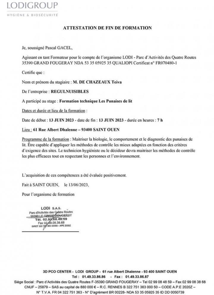 Attestation Punaises