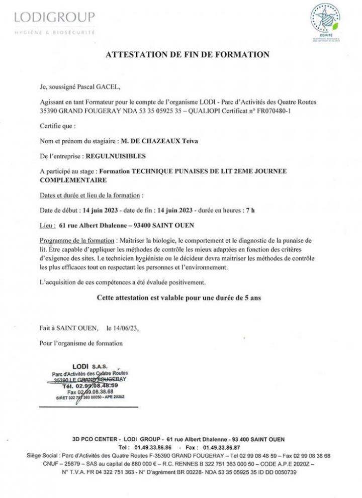 Attestation Punaises