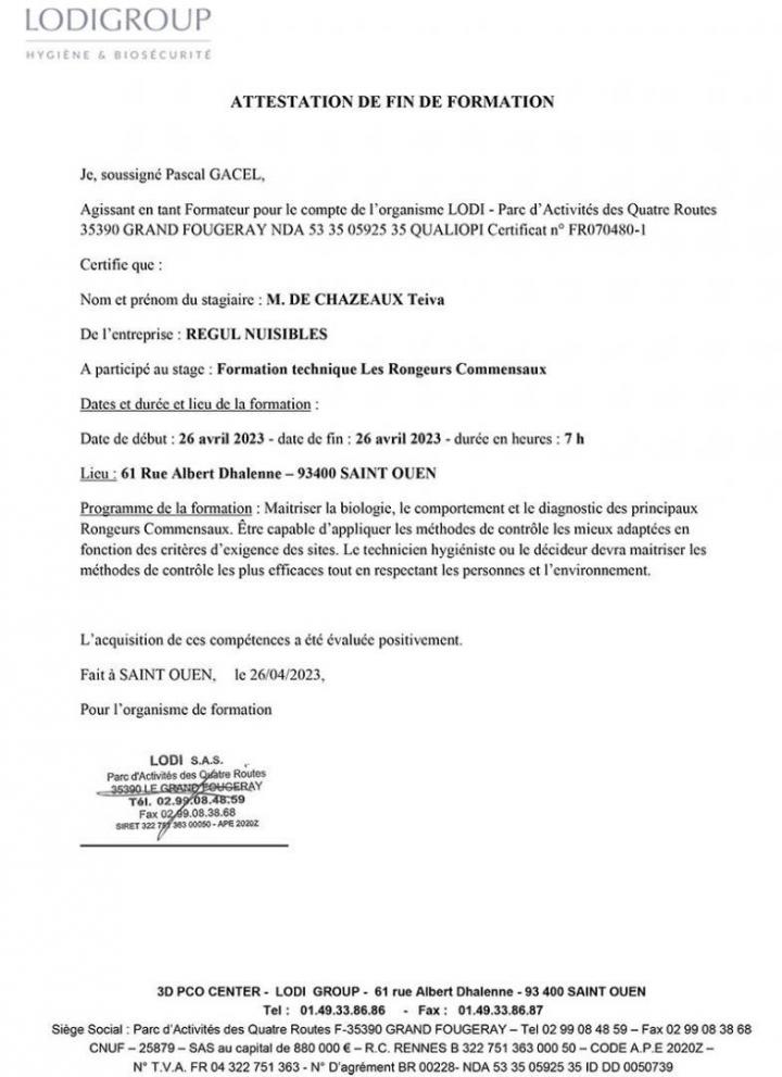 Attestation Rongeurs